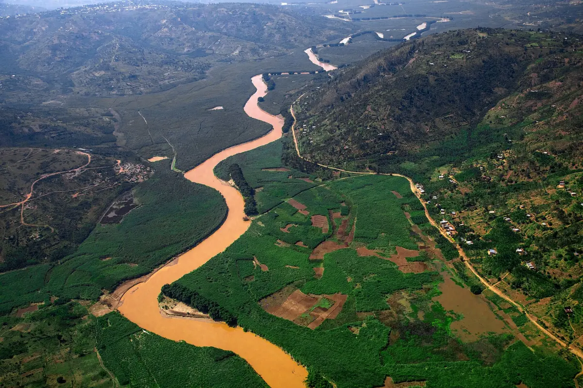 La rivière Nyabarongo serpentant entre des collines verdoyantes